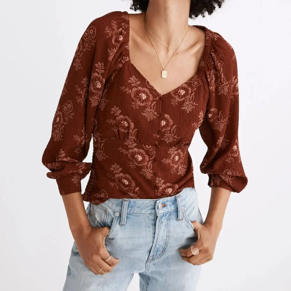 Madewell Preston Puff-Sleeve Top in Red Letterpress Floral Large